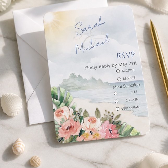Modern Beach and Floral Wedding RSVP Card (Creator Uploaded)