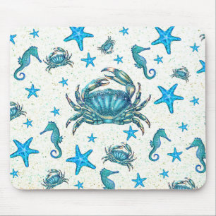 Modern Beach Blue Crab Starfish Seahorse Sparkle Mouse Pad