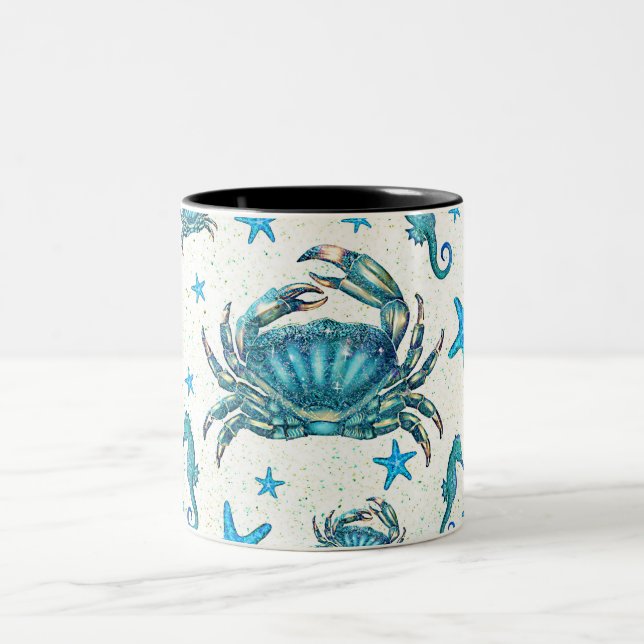 Modern Beach Blue Crab Starfish Seahorse Sparkle Two-Tone Coffee Mug (Center)