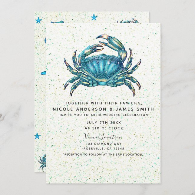 Modern Beach Blue Crab Starfish Seahorse Wedding Invitation (Front/Back)