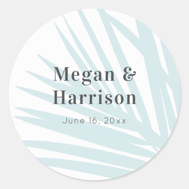 Modern Beach Blue Palm Wedding Label (Front)