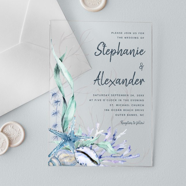 Modern Beach Blue Watercolor Wedding Acrylic Invitations (Creator Uploaded)