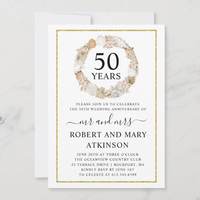 Modern Beach Boho 50th Wedding Anniversary Party Invitation (Front)