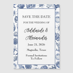 Modern Beach Coastal Watercolor Wedding Blue Magnetic Invitation