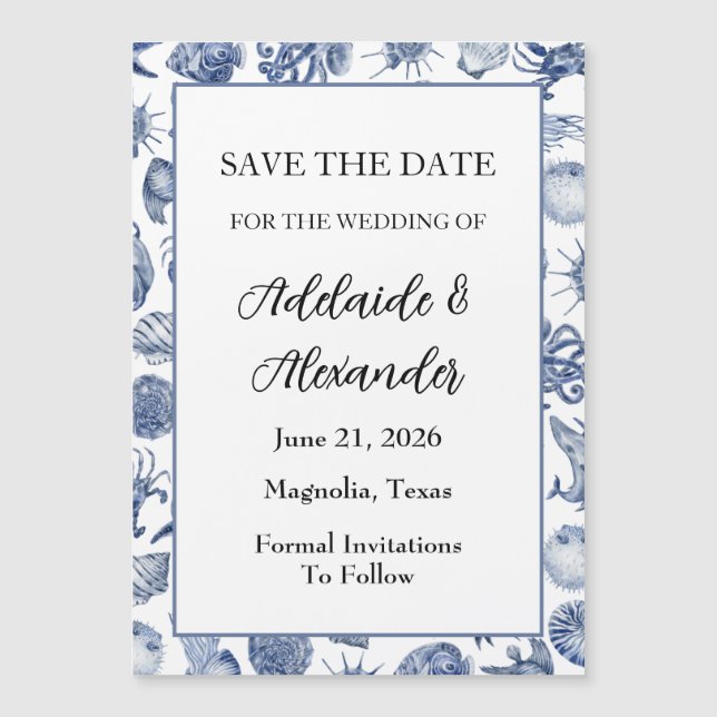 Modern Beach Coastal Watercolor Wedding Blue Magnetic Invitation (Front)