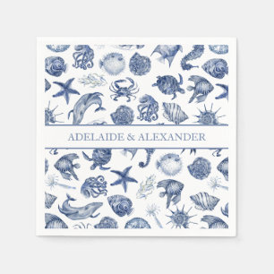 Modern Beach Coastal Watercolor Wedding Blue Napkin