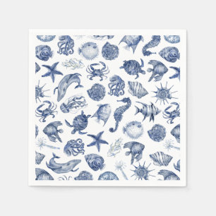 Modern Beach Coastal Watercolor Wedding Blue Napkin