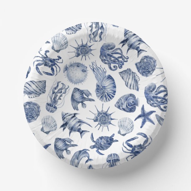 Modern Beach Coastal Watercolor Wedding Blue Paper Plate (Front)