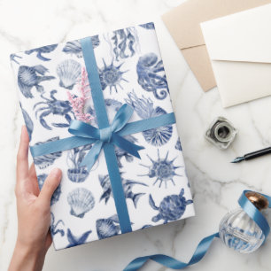 Modern Beach Coastal Watercolor Wedding Blue Wrapping Paper