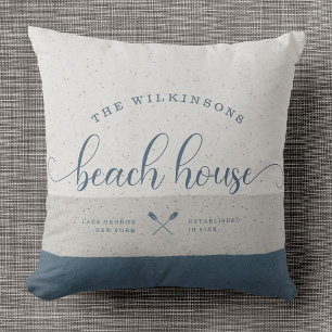 Modern Beach House Family Name Brush Script Blue Cushion