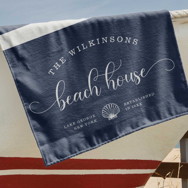 Modern Beach House Family Name Script Navy Blue Towel (Creator Uploaded)