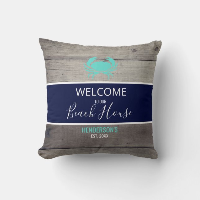 Modern Beach House Nautical Teal Blue Personalized Cushion (Front)