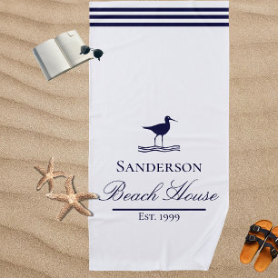 Modern Beach House White Navy Blue Sandpipers  Beach Towel
