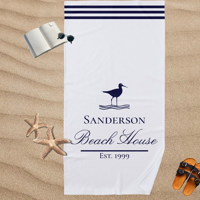 Modern Beach House White Navy Blue Sandpipers  Beach Towel (Creator Uploaded)