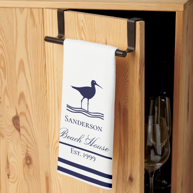 Modern Beach House White Navy Blue Sandpipers  Tea Towel (Thirds Fold)