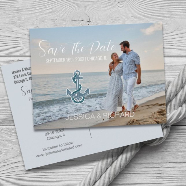 Modern Beach Nautical Wedding Photo Save The Date  Announcement Postcard (Modern Beach Nautical Wedding Photo Save The Date Announcement Postcard)