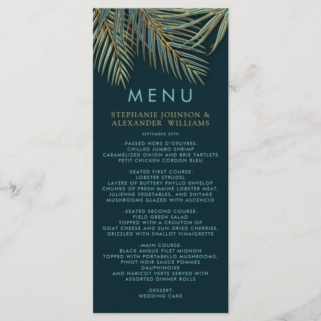 Modern Beach Palm Gold Teal Tropical Wedding Menu (Front)