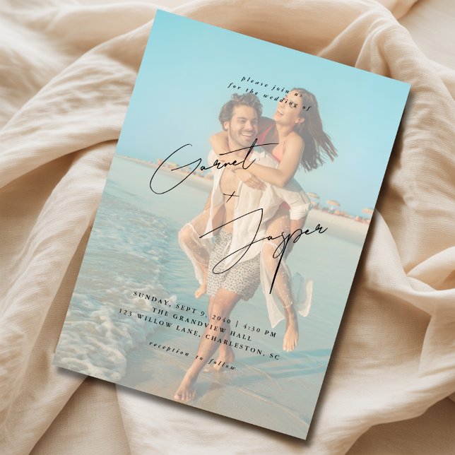 Modern Beach Romance Budget Overlay Photo Wedding  Invitation (Creator Uploaded)