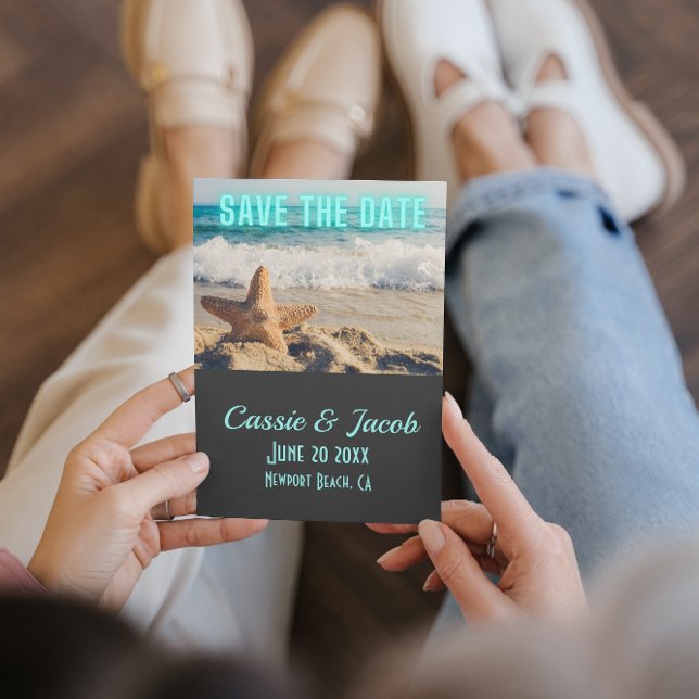 Modern Beach Scene Save the Date Vertical Card (Creator Uploaded)