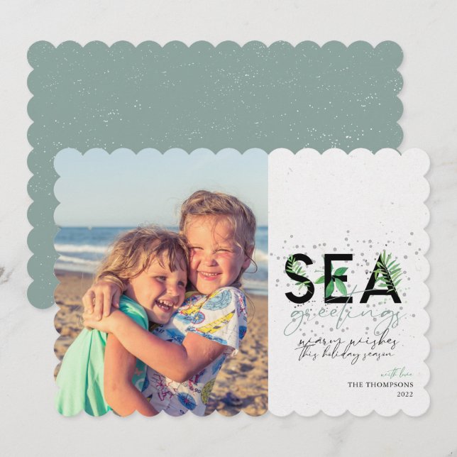 Modern Beach Sea Greetings Aqua Christmas Photo  Holiday Card (Front/Back)