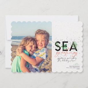 Modern Beach Sea Greetings Coral Christmas Photo Holiday Card