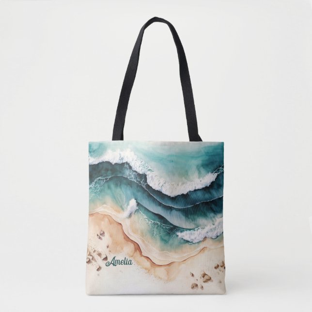 Modern Beach Sea Waves Seaside Sand Tote Bag (Front)
