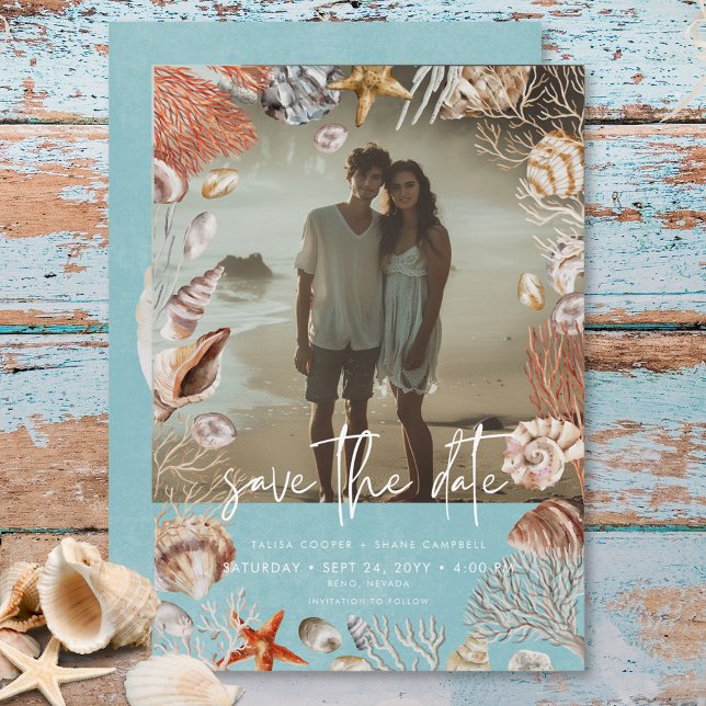 Modern Beach Seashell Frame Photo Aqua Wedding Save The Date (Modern Beach Seashell Frame Photo Aqua Wedding Save The Date)