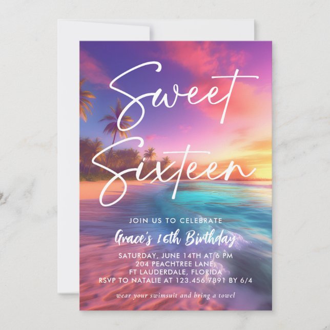 Modern Beach Sunset Sweet 16 Invitation (Front)