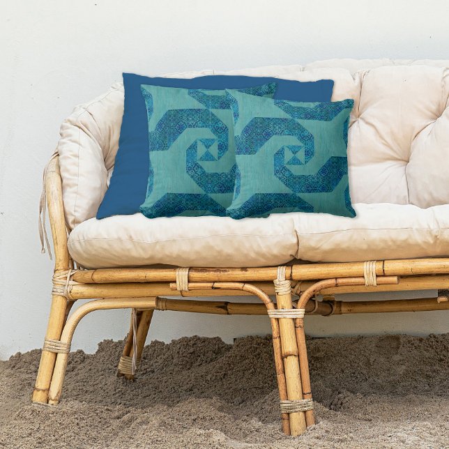 Modern Beach Teal Turquoise Wave Pattern and Wood Cushion (Creator Uploaded)