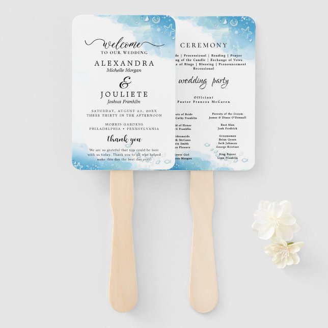 Modern BEACH | Teal Wedding Program Hand Fan (Front and Back)