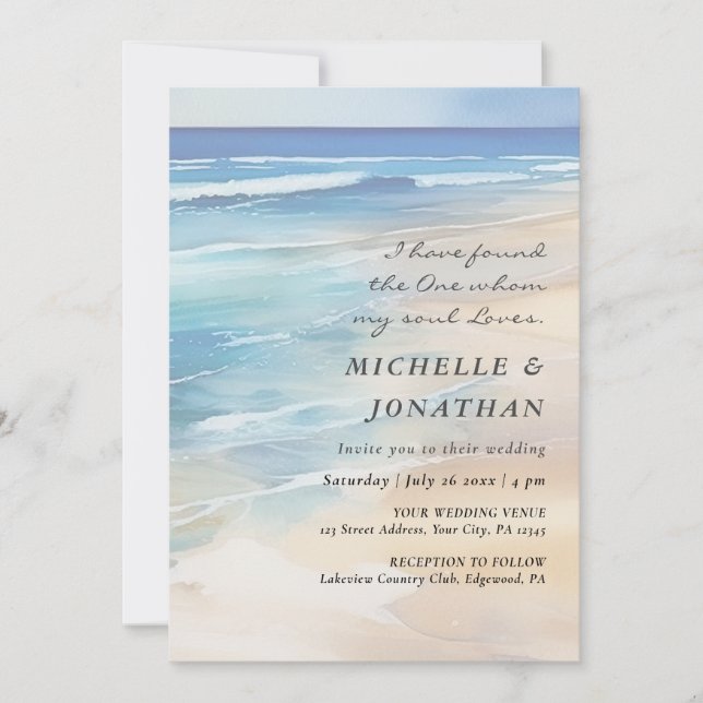 Modern Beach Watercolor Ocean Christian Wedding Invitation (Front)