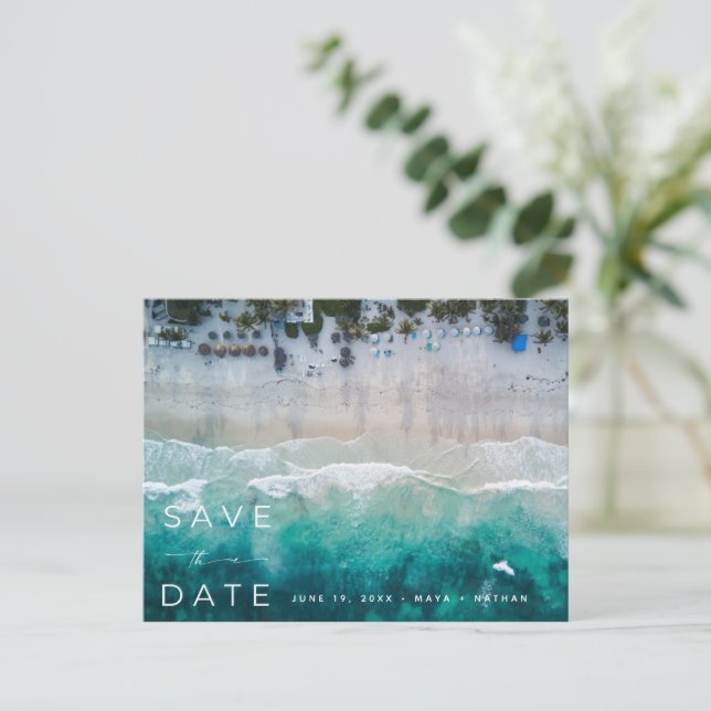 Modern Beach Wedding Budget Save the Date Announcement Postcard (Standing Front)