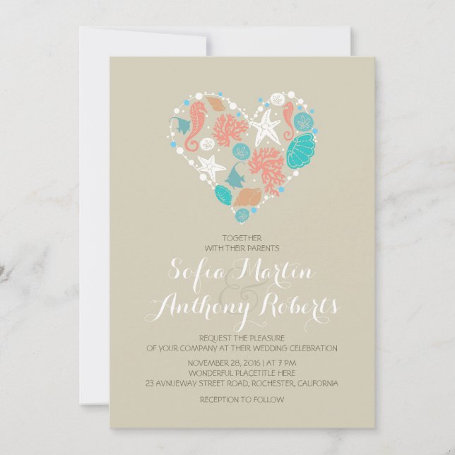 modern beach wedding invitation sea heart (Front)