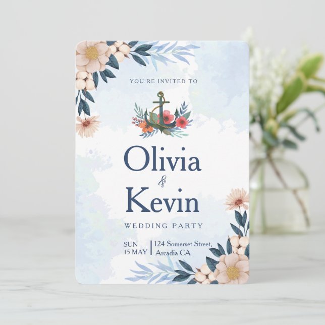 Modern Beach Wedding Invitation, Tropical wedding  Invitation (Standing Front)