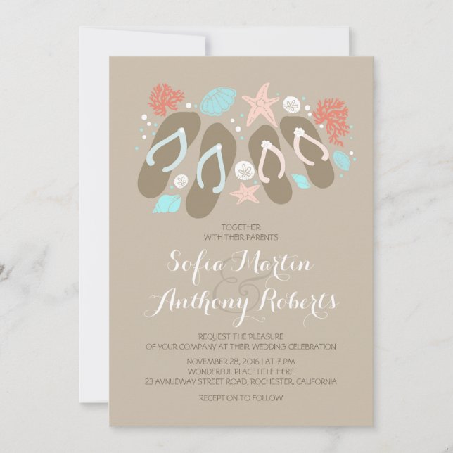 modern beach wedding invitation with flip flops (Front)