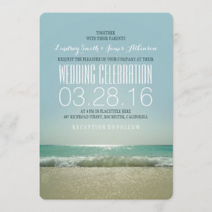Modern beach wedding invitations with teal sea