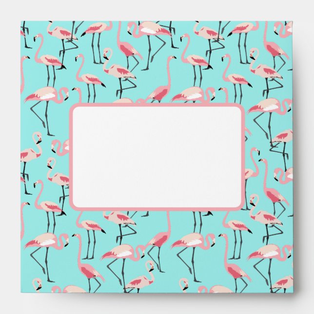 Modern Beach Wedding Pink Blue Flamingo Envelope (Front)