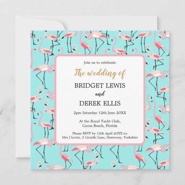 Modern Beach Wedding Pink Blue Flamingo Invitation (Front)