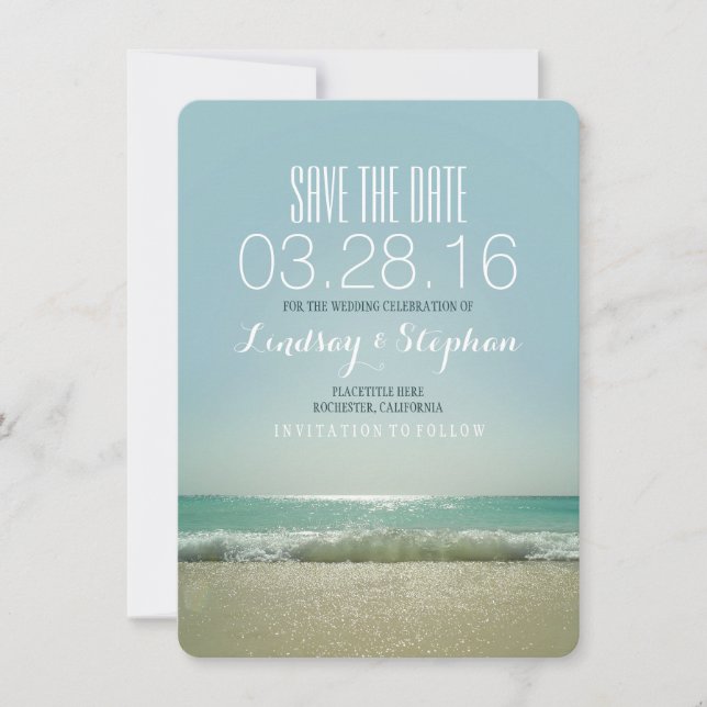 Modern beach wedding save the date cards (Front)
