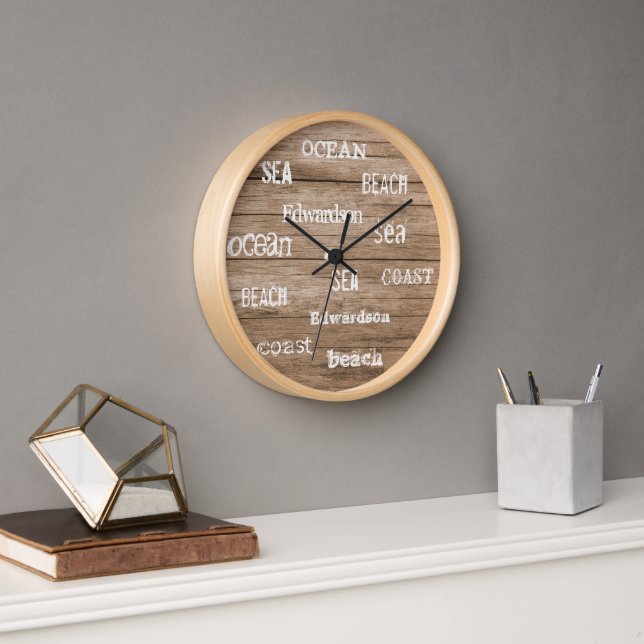 Modern beach wood ocean script family name clock (Office)