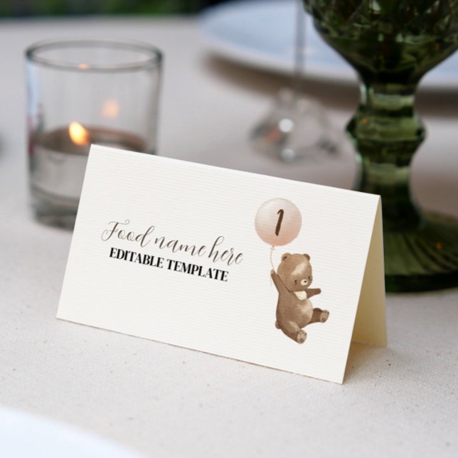 Modern Bear Balloon 1st Birthday Tent Place Card (Creator Uploaded)