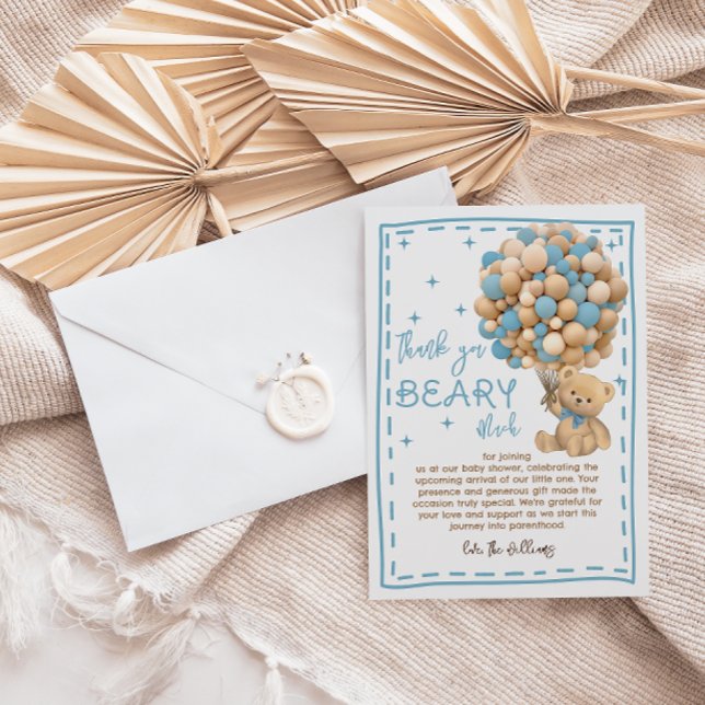 Modern Bear Balloons Bearly Wait blue Baby Shower Thank You Card (Creator Uploaded)
