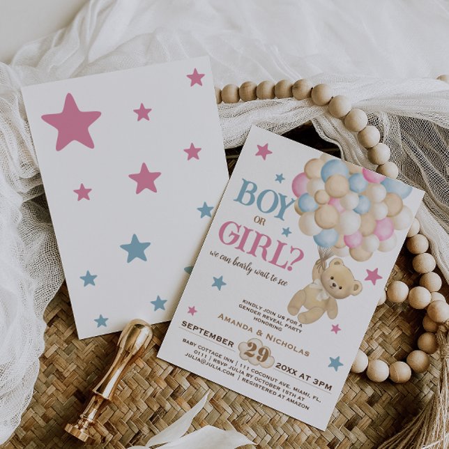Modern Bear Balloons Boy Or Girl Gender Reveal Invitation (Creator Uploaded)