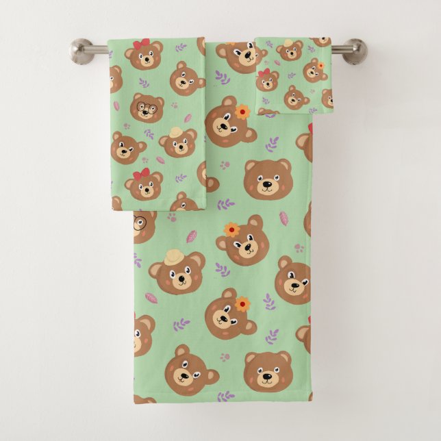 Modern Bear Faces on Soft Sage Green Bath Towel Set (Insitu)