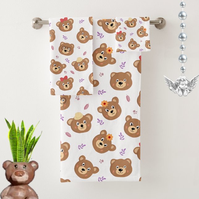 Modern Bear Faces on White Bath Towel Set (Creator Uploaded)