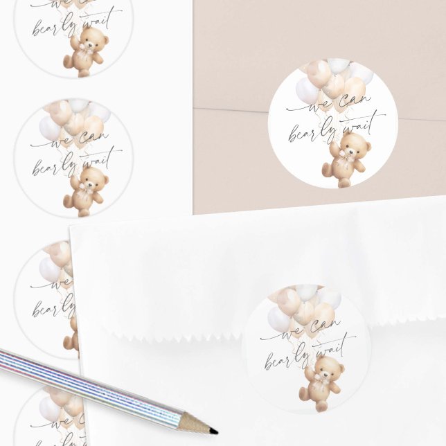Modern Bearly wait Gender Neutral baby Shower Classic Round Sticker (Gender Neutral We Can Bearly Wait, baby Shower Envelope Seals.)