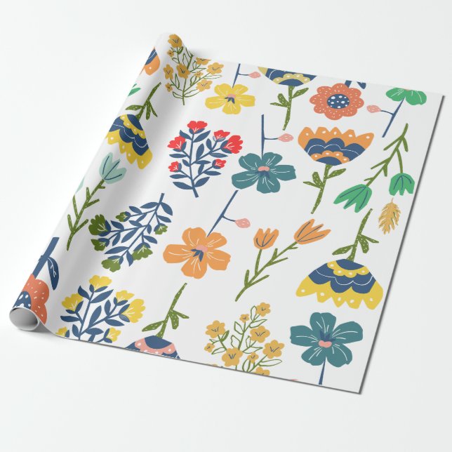 Modern beautiful flower pattern Pink yellow green Wrapping Paper (Unrolled)