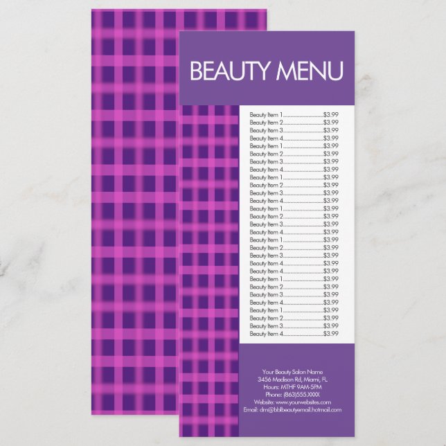 Modern Beauty Makeup Purple Pink Gingham Menu (Front/Back)
