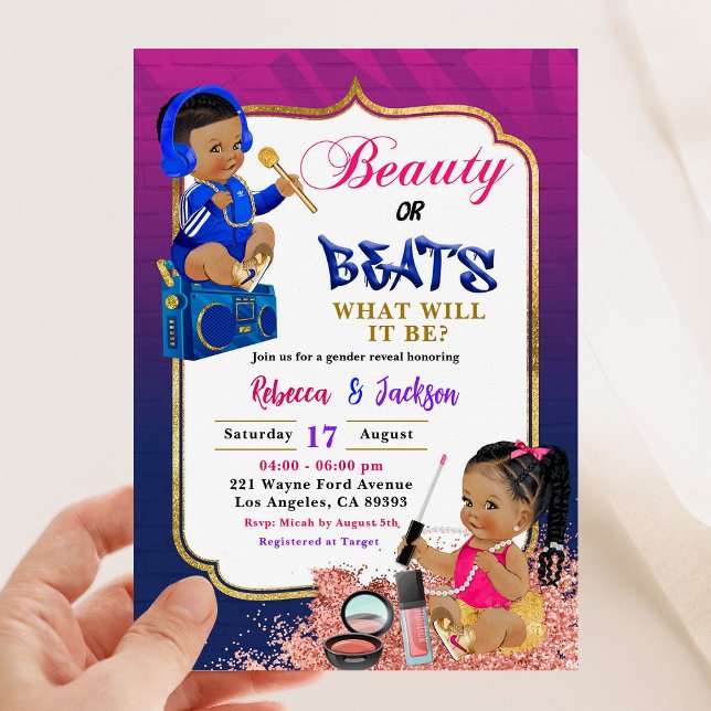 Modern Beauty or Beats Gender Reveal Invitation (Creator Uploaded)