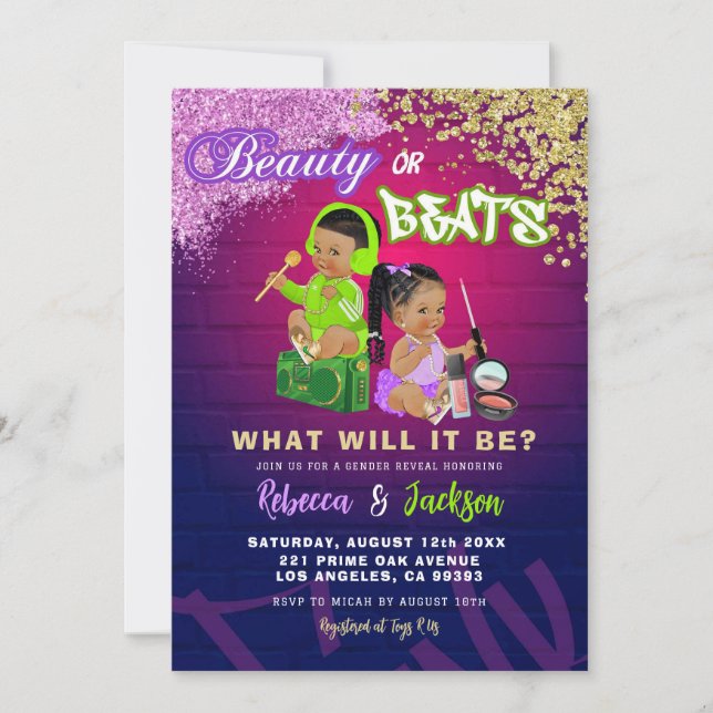 Modern Beauty or Beats Gender Reveal Invitation (Front)